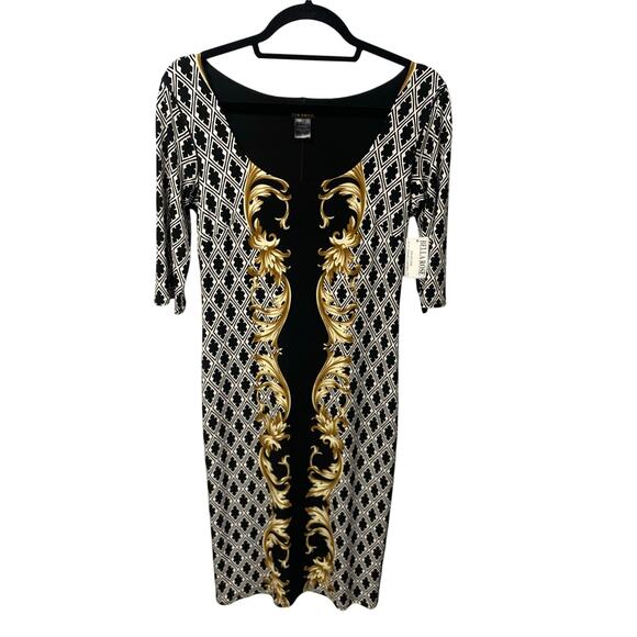 eva varro Dresses & Skirts - NWT Eva Varro 3/4 Sleeve Spandex Blend Midi Sheath Dress Black White Gold Small